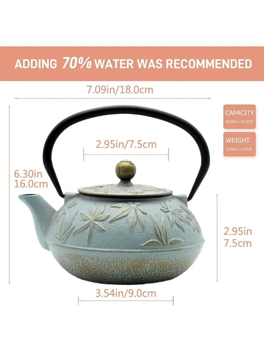 Blue Cast Iron Kitchen Japanese Teapot 30.4oz Stovetop Maple Leaves  Infuser